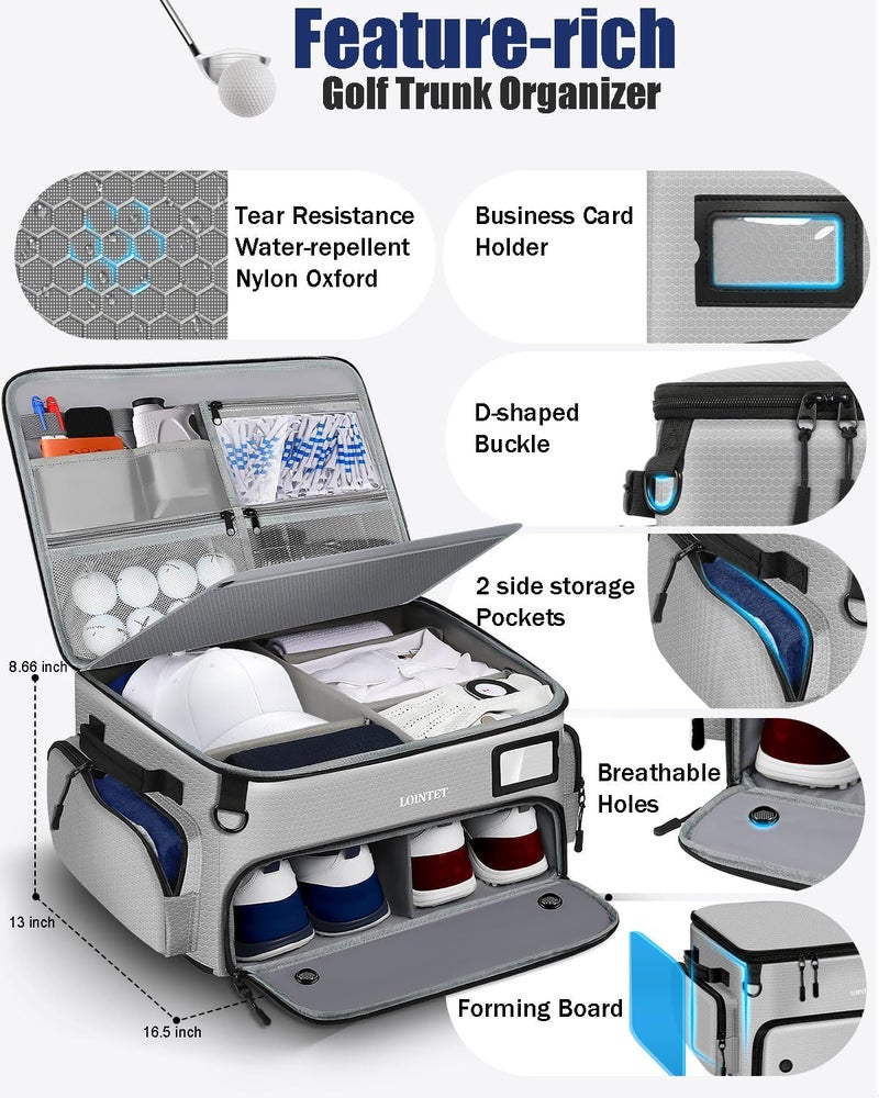 LOINTET Golf Trunk Organizer, Waterproof Car Golf Locker with Separate Ventilated Compartment for 2 Pair Shoes, Golf Storage for Balls, Tees, Cap, Clothes, Gloves, Accessories, Gifts for Men, Women - Image 3
